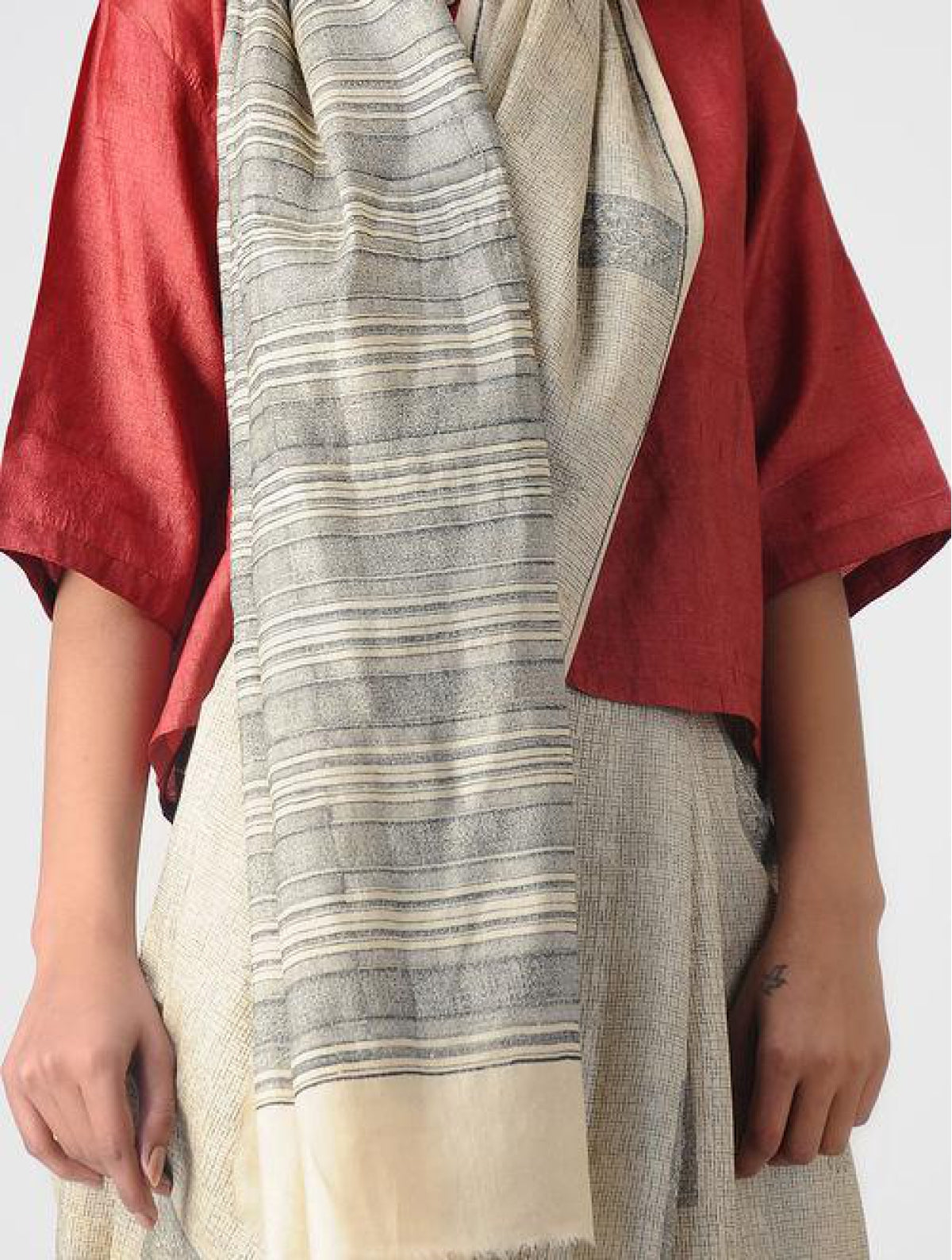 Handcrafted 100 % Tussar Silk Handblock Printed Off White Saree