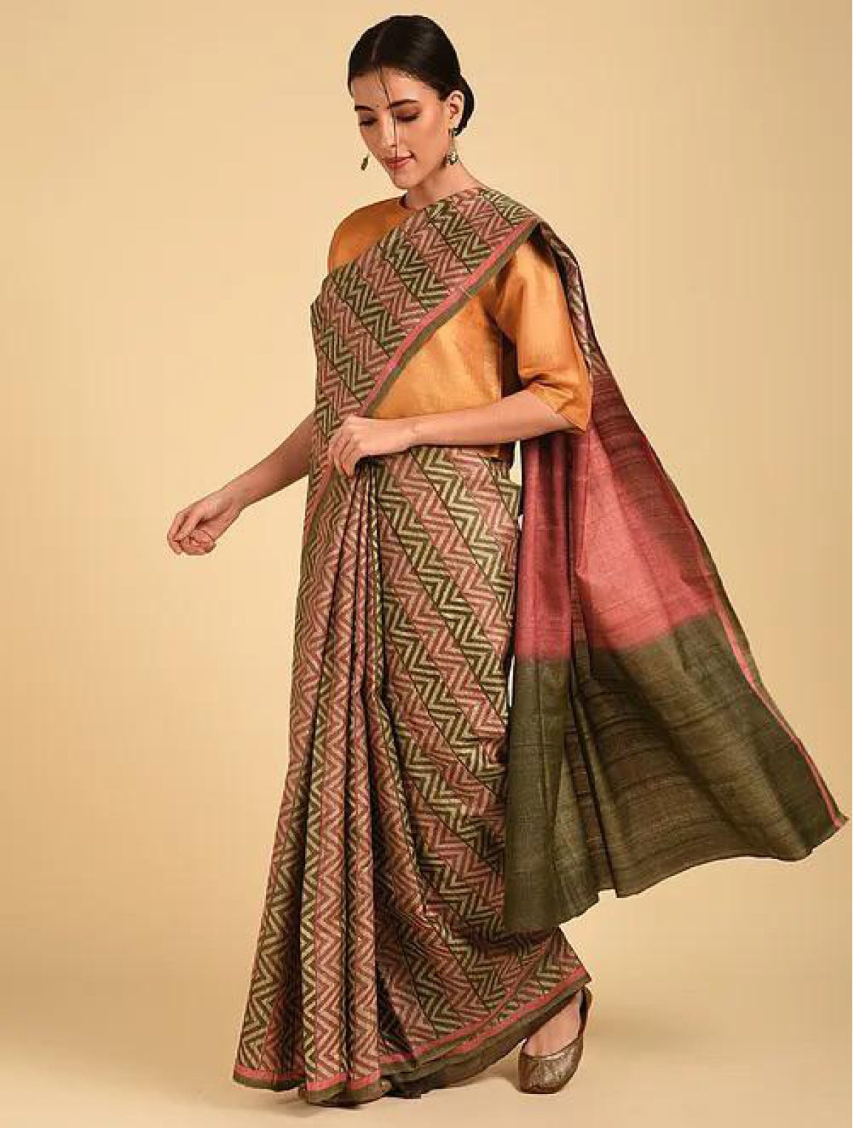 Maroon Green Ombre Tussar Saree
