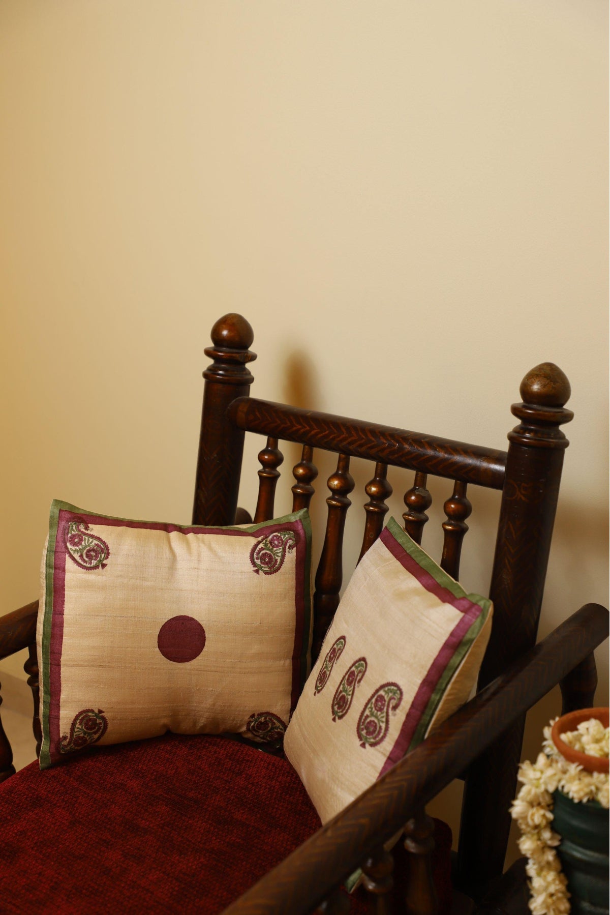 White & Maroon Set Of 2 Hand Block Printed Cushion Cover