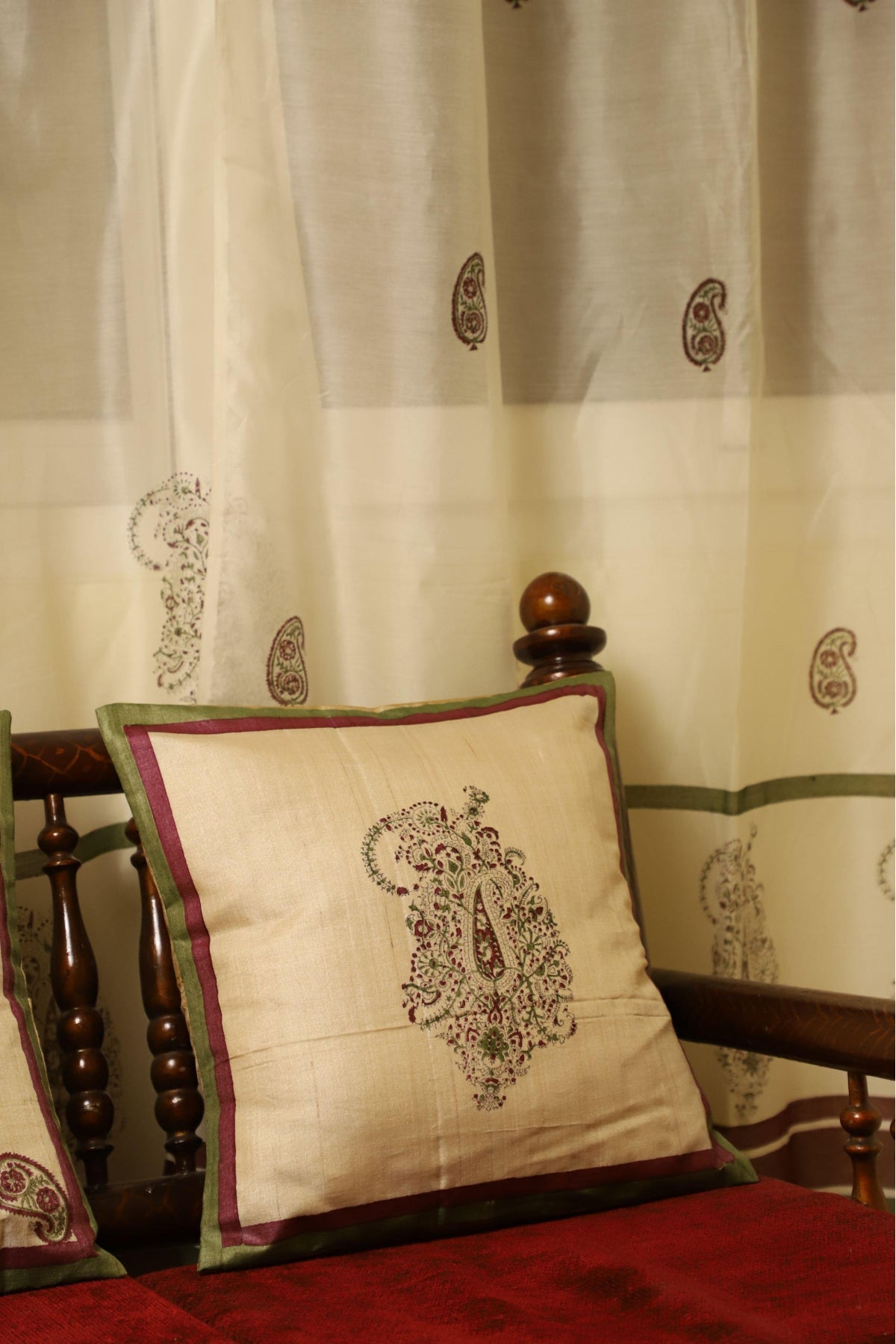 White & Maroon Set Of 2 Hand Block Printed Cushion Cover