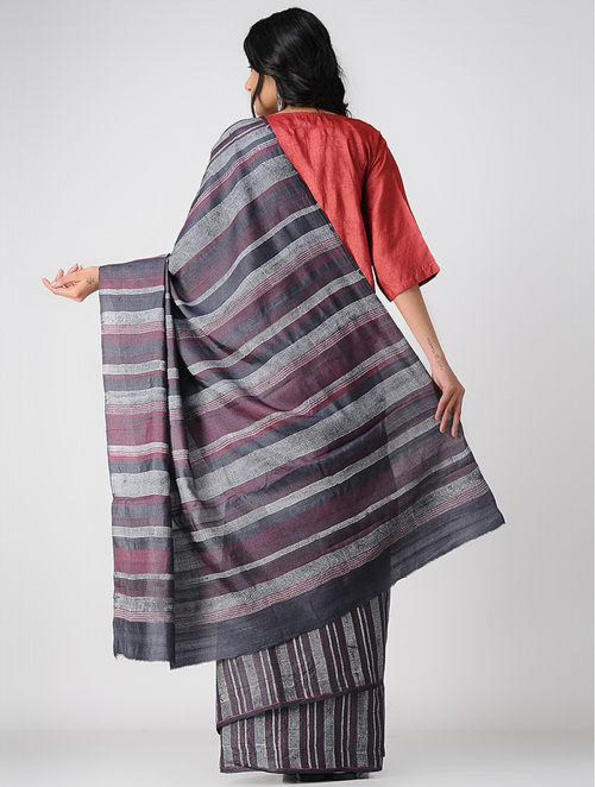 Black Handcrafted 100 % Tussar Silk Handblock Block Printed Saree