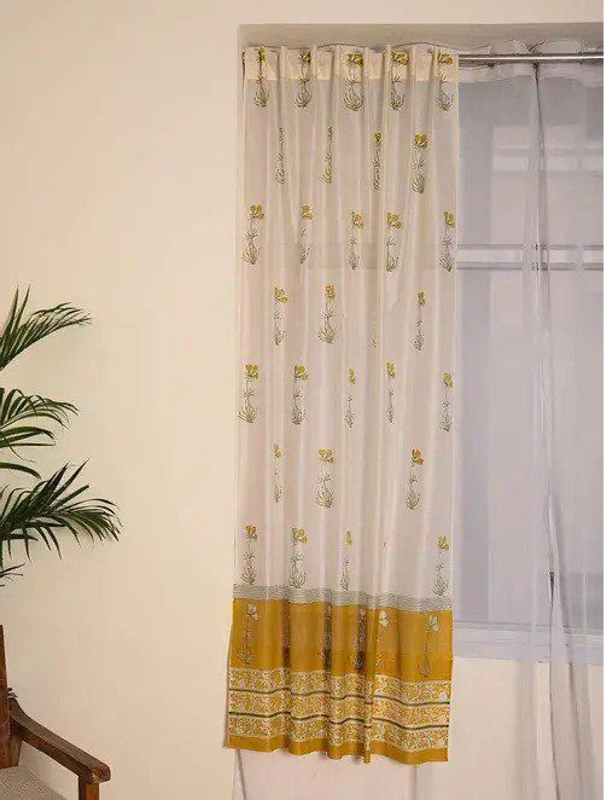 Set Of 2 White & Yellow Hand Block Printed Curtain