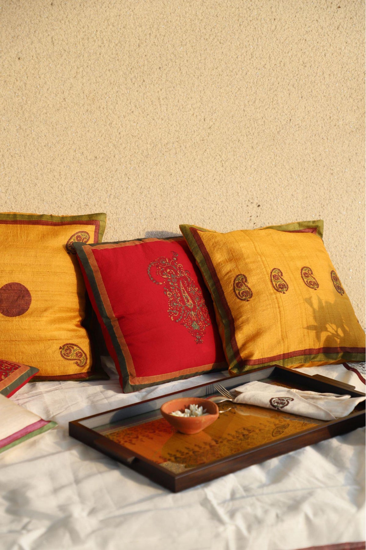 White & Red Set Of 2 Hand Block Printed Cushion Cover