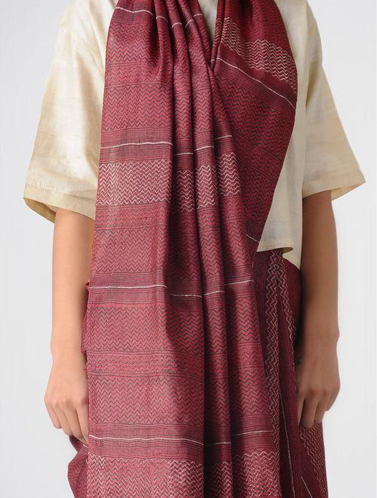Handcrafted 100 % Tussar Silk Handblock Printed Maroon Saree
