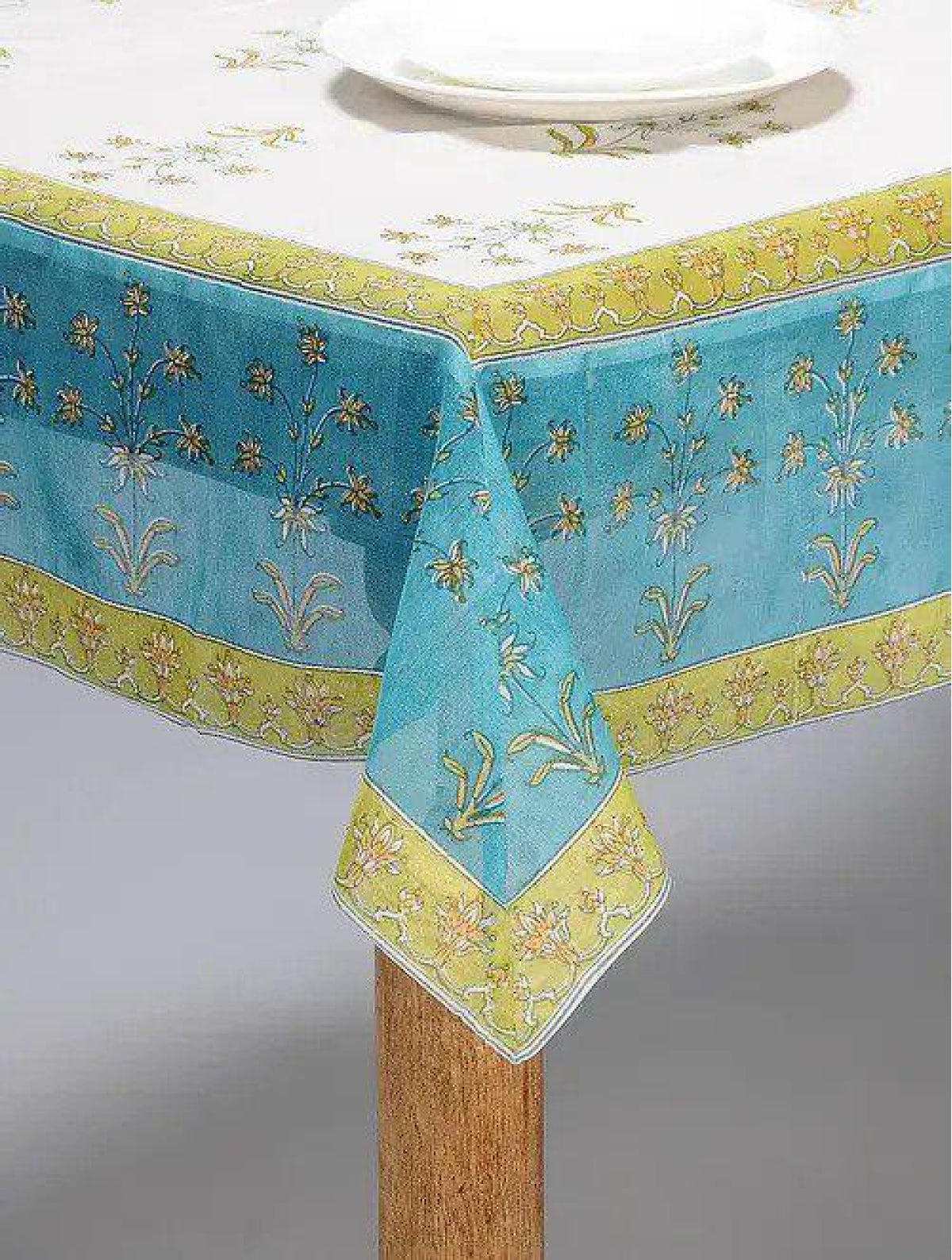 Chanderi White & Blue Hand Block Printed Table Cover