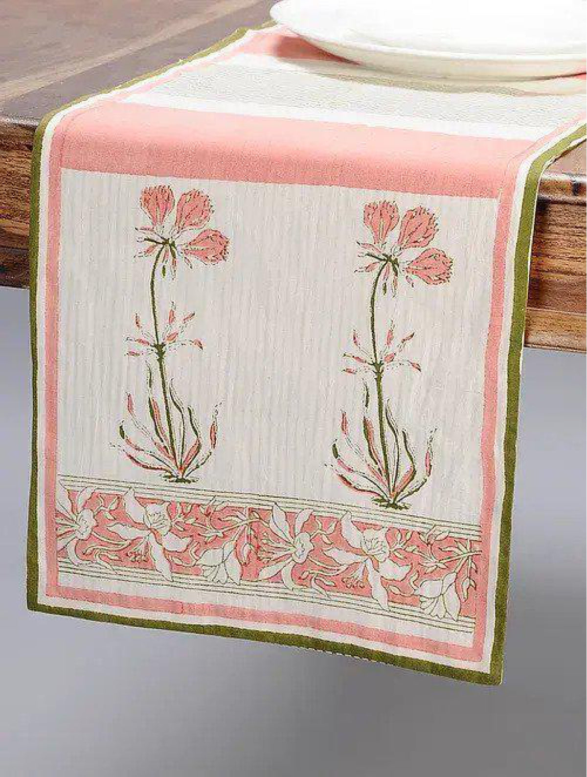 Pink & White Hand Block Printed Canvas Table Runner