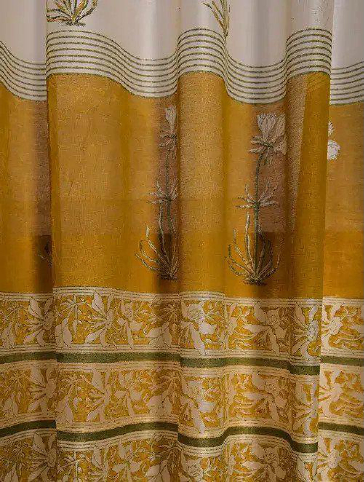 Set Of 2 White & Yellow Hand Block Printed Curtain