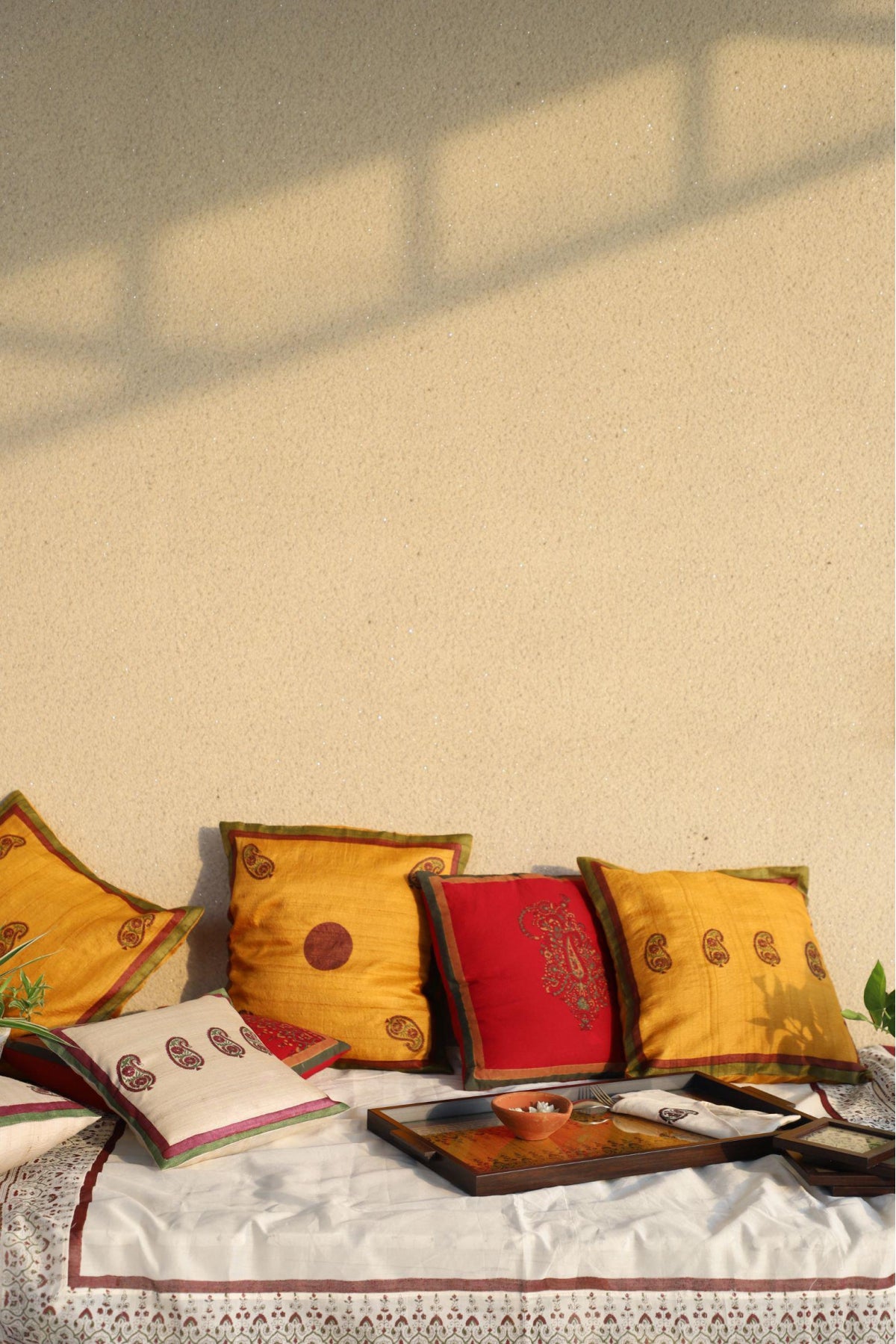 Yellow And Maroon Set Of 2 Hand Block Printed Cushion Cover