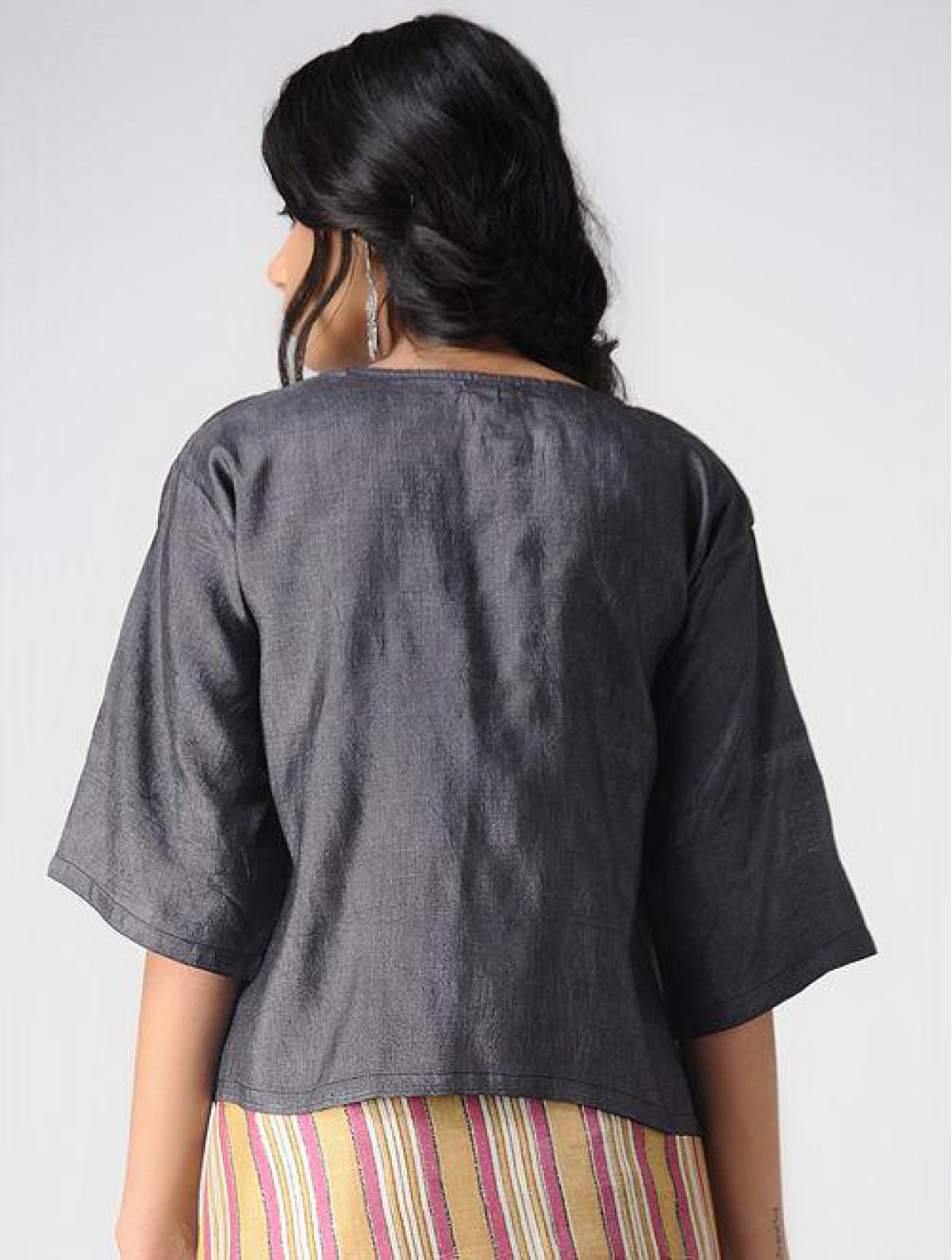 Black Tussar Blouse With Wooden Button