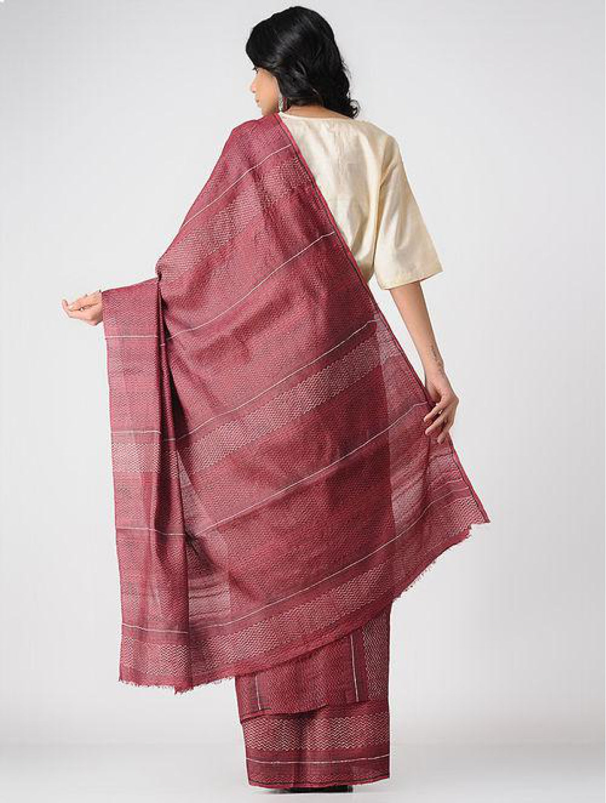 Handcrafted 100 % Tussar Silk Handblock Printed Maroon Saree