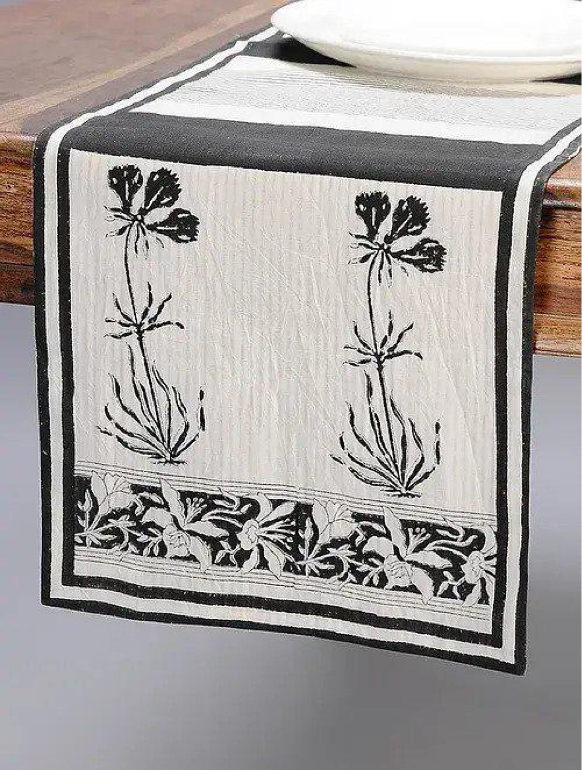 Black & White Hand Block Printed Canvas Table Runner