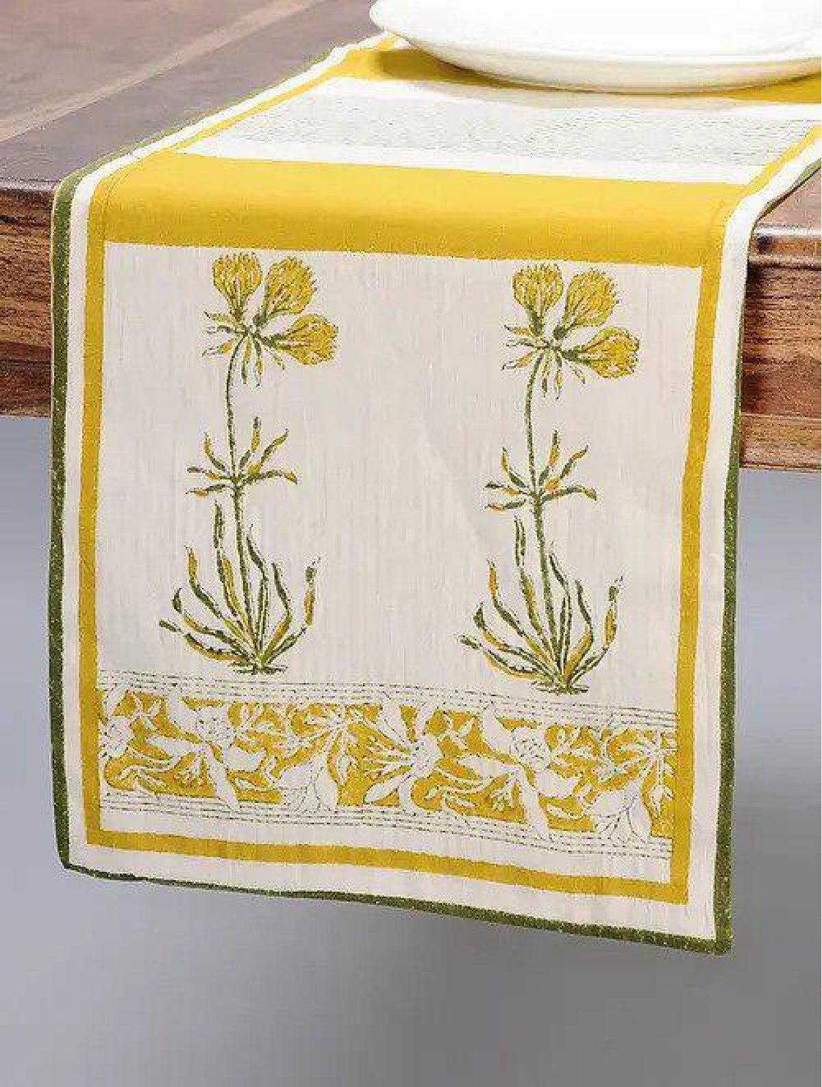 Yellow & White Hand Block Printed Canvas Table Runner