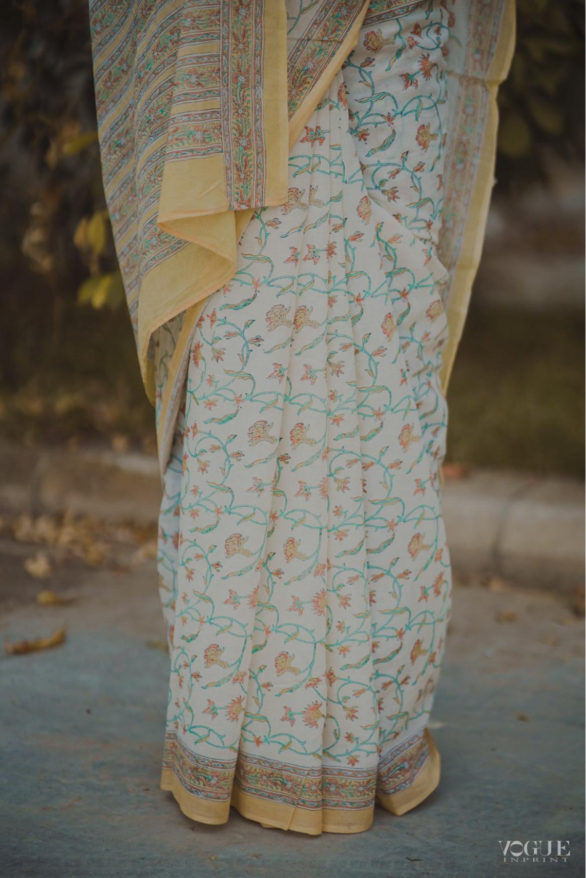 Handcrafted Cotton Hand Print White And Yellow Saree