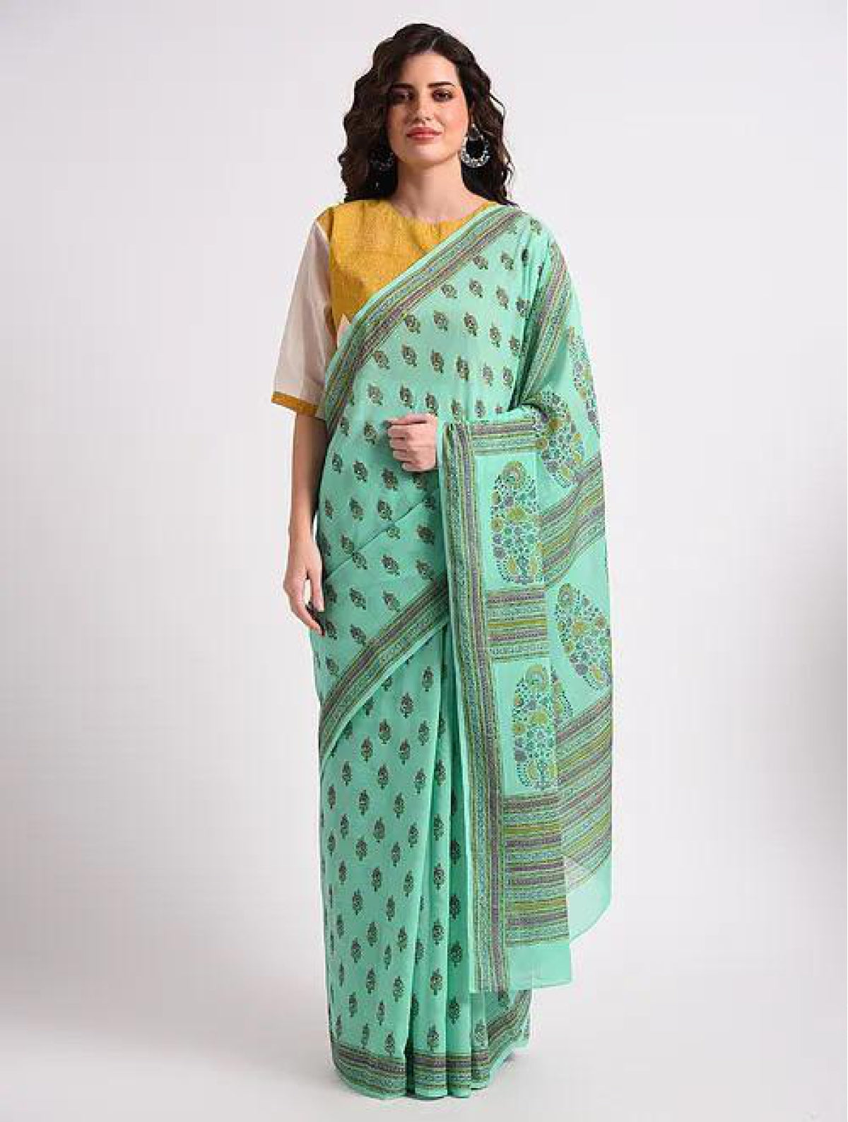 Mint Floral Cotton Saree