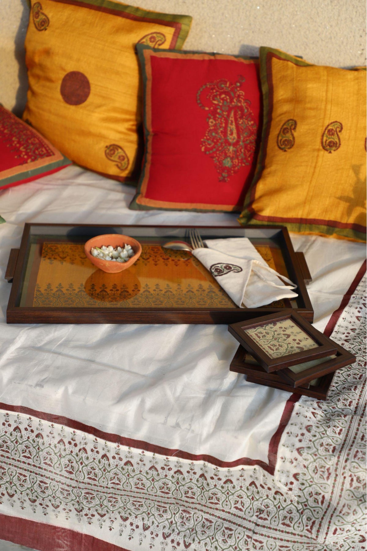 Yellow And Maroon Set Of 2 Hand Block Printed Cushion Cover