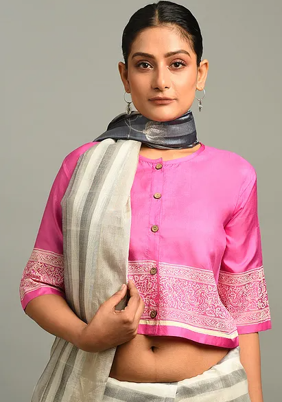 Pink Block Printed Mulberry Silk Blouse