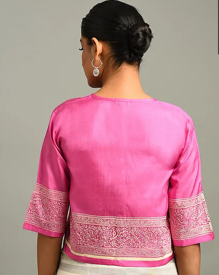 Pink Block Printed Mulberry Silk Blouse