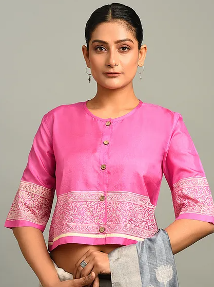 Pink Block Printed Mulberry Silk Blouse