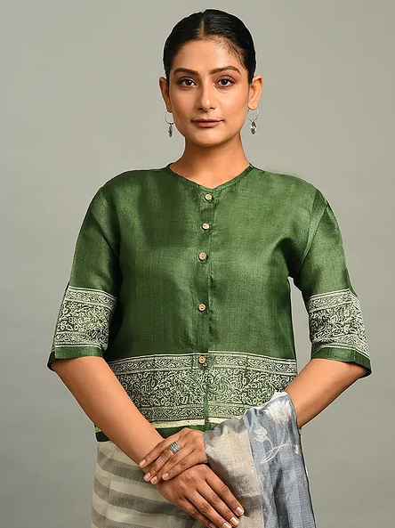 Green Block Printed Tussar Blouse