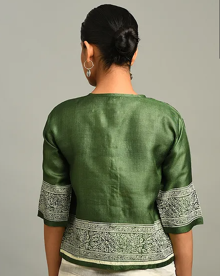 Green Block Printed Tussar Blouse