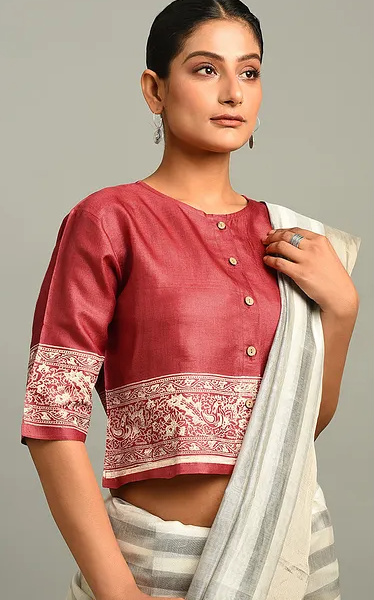 Red Block Printed Tussar Blouse