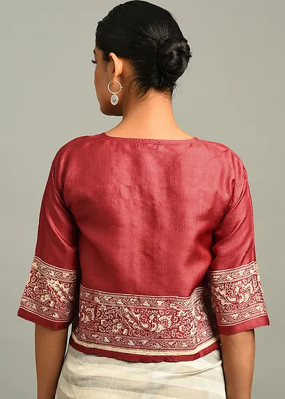 Red Block Printed Tussar Blouse