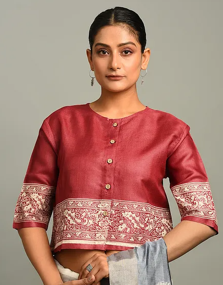 Red Block Printed Tussar Blouse