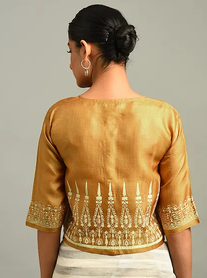 Yellow Block Printed Tussar Blouse