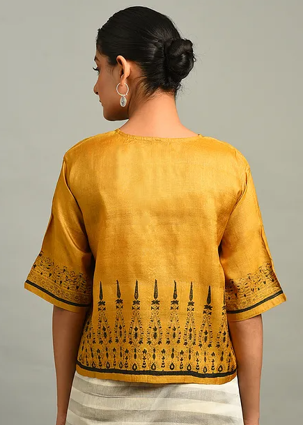 Yellow Block Printed Tussar Blouse