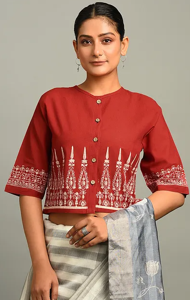 Red Block Printed Cotton Blouse