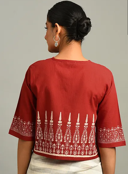Red Block Printed Cotton Blouse