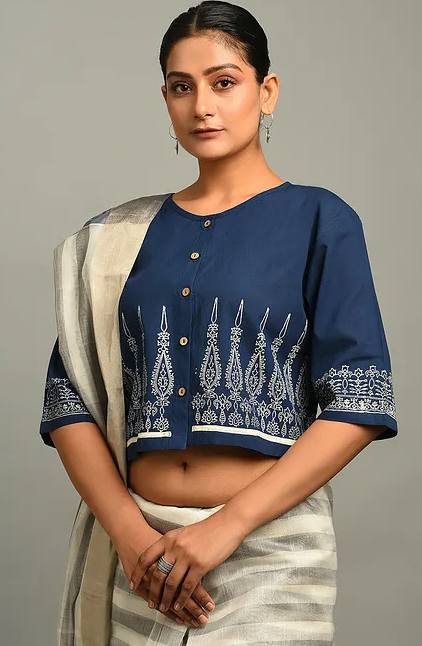 Blue Block Printed Cotton Blouse