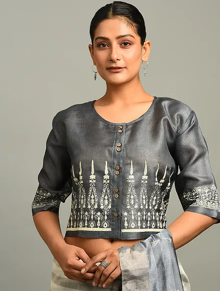 Grey Block Printed Tussar Blouse