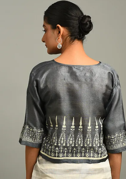 Grey Block Printed Tussar Blouse