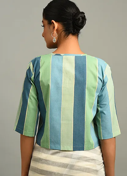 Blue And Green Block Printed Cotton Blouse