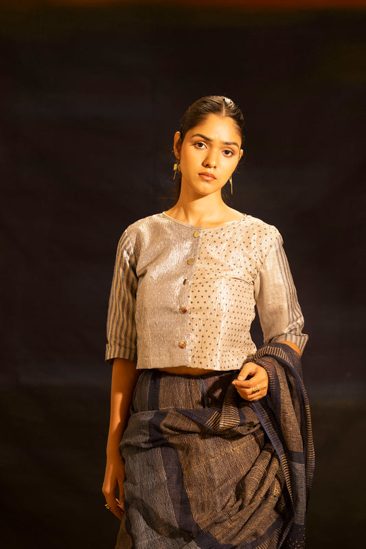 Silver Zari Printed Blouse With Lining