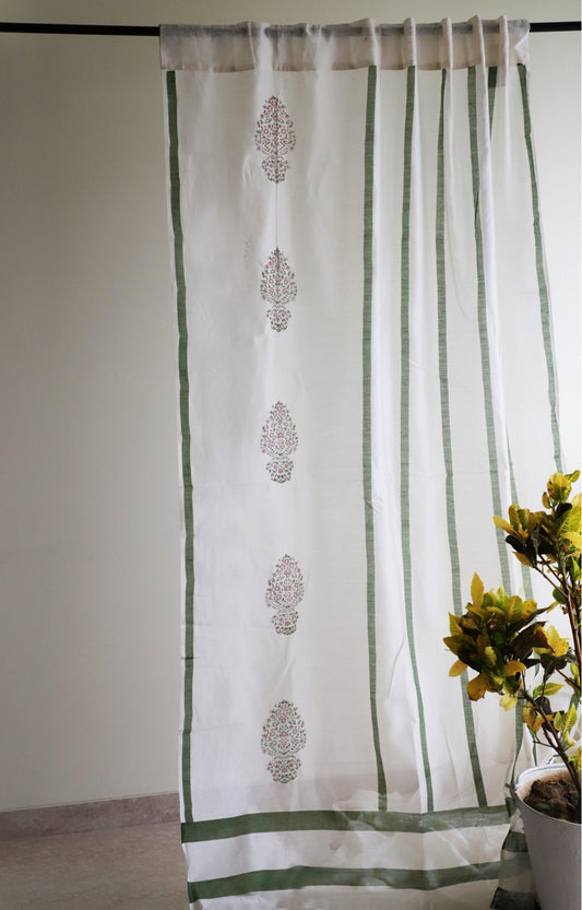 Petal Green and Blue Paisely Chanderi Curtains (Set of 2)