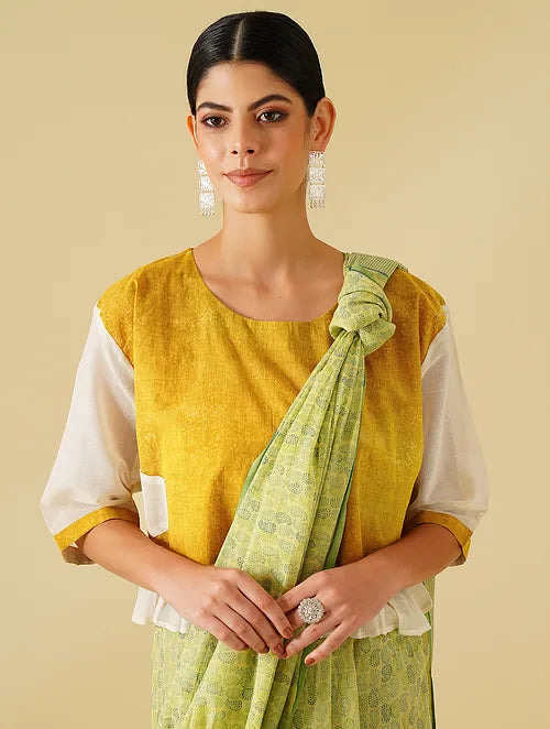 Pista Green Handblock Printed Cotton Saree with Yellow Blouse Combo