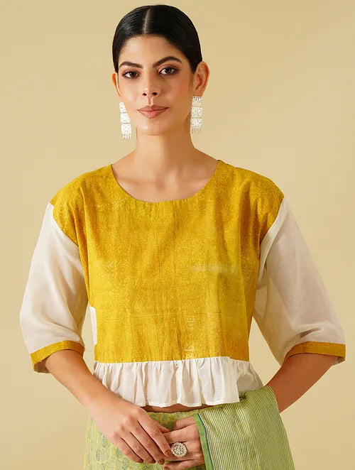 Pista Green Handblock Printed Cotton Saree with Yellow Blouse Combo