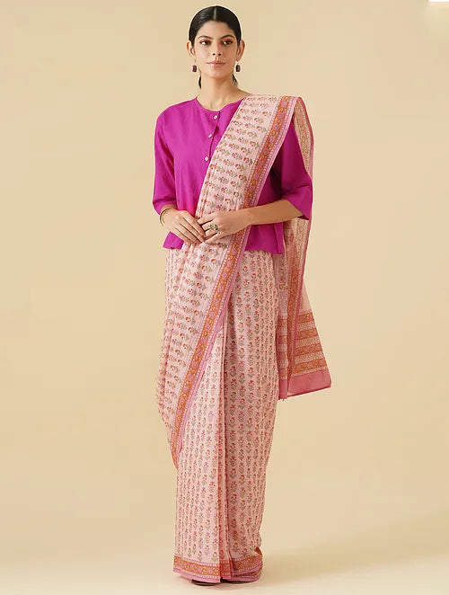 Pink Handblock Printed  Cotton Saree with Blouse
