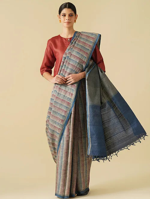 Noor Maroon - Navy Blue Geometric Tussar Saree