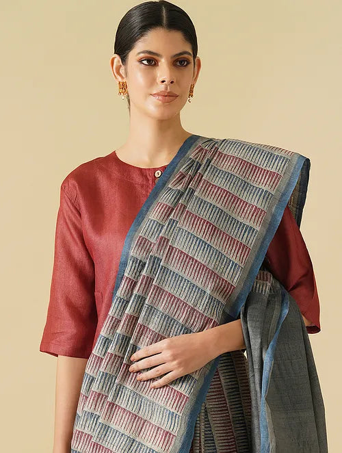 Noor Maroon - Navy Blue Geometric Tussar Saree