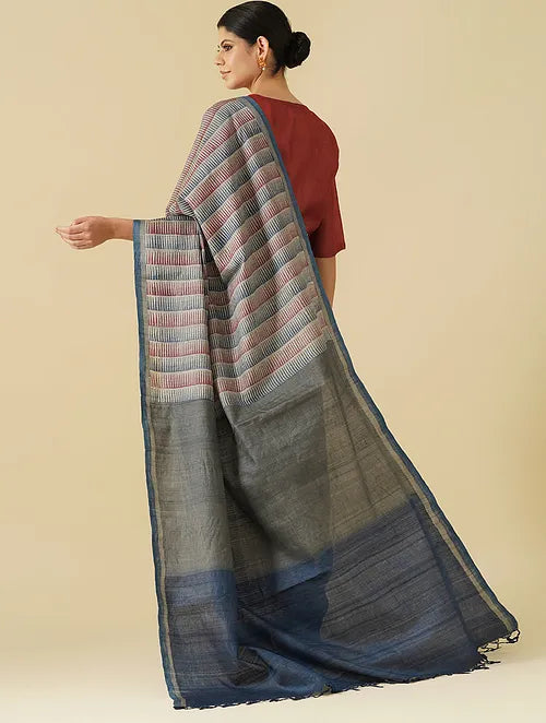 Noor Maroon - Navy Blue Geometric Tussar Saree