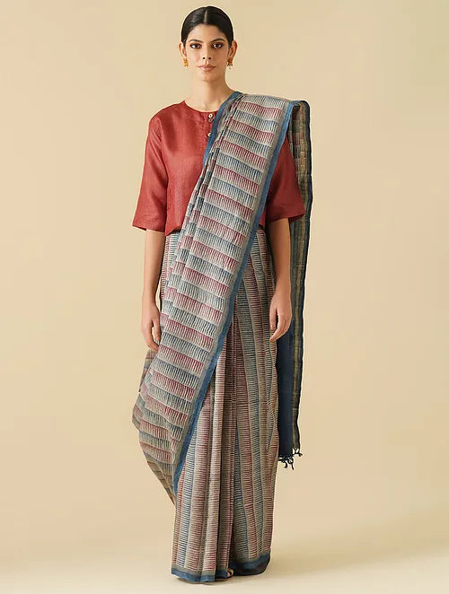 Noor Maroon - Navy Blue Geometric Tussar Saree