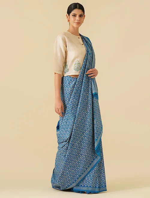 Noori Blue Floral Handblock Printed Saree