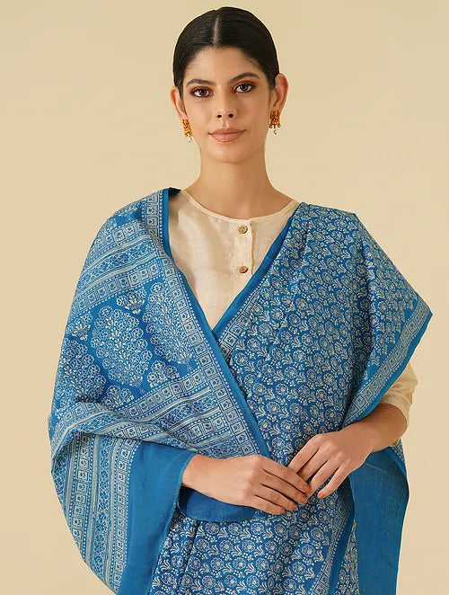 Noori Blue Floral Handblock Printed Saree