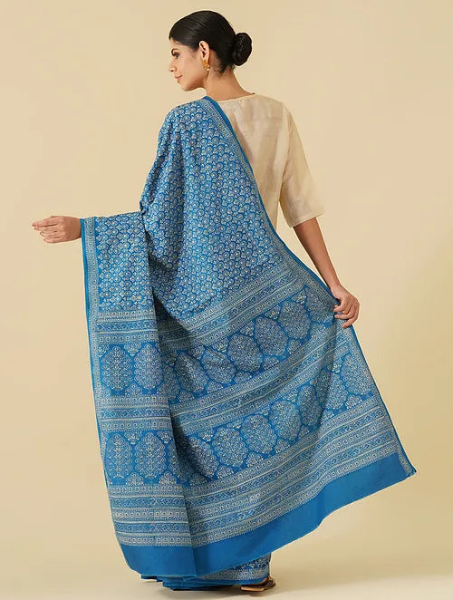 Noori Blue Floral Handblock Printed Saree