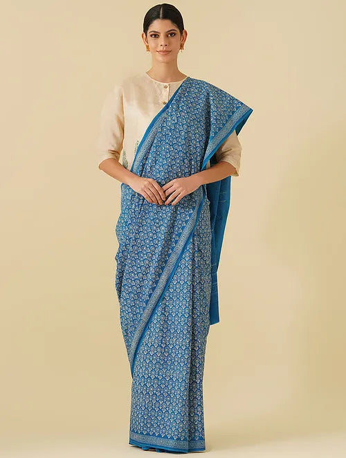 Noori Blue Floral Handblock Printed Saree