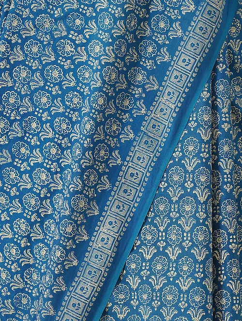 Noori Blue Floral Handblock Printed Saree