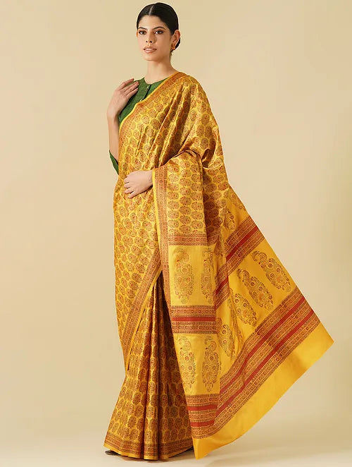 Jashn Mustard Intricate Mughal Buti Saree